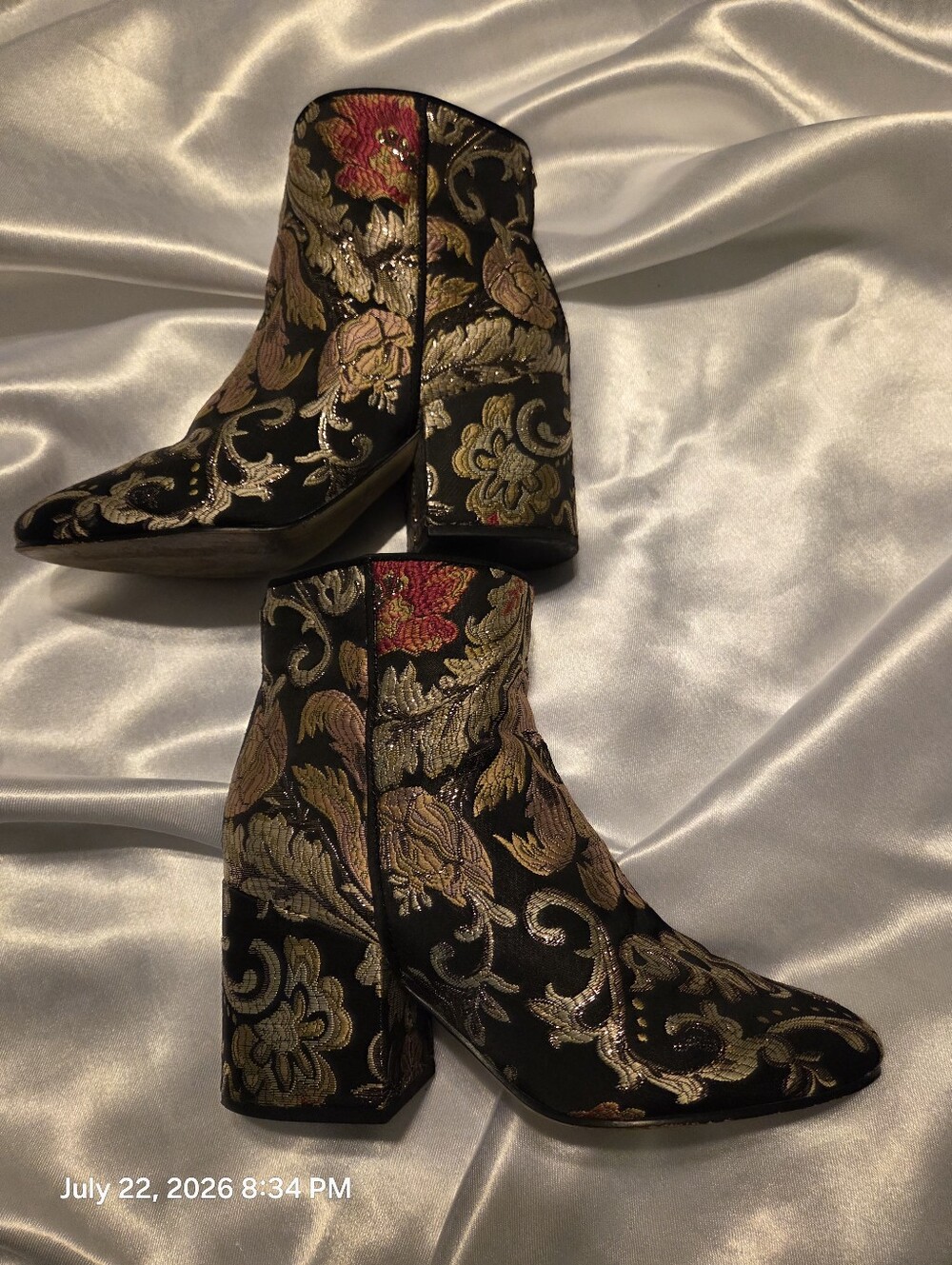 Sam Edelman Black Brocade Floral Ankle Boots with Gold and Pink Embroidery - Picture 6 of 9